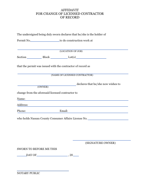 First page of the Affidavit for Change of Licensed Contractor of Record