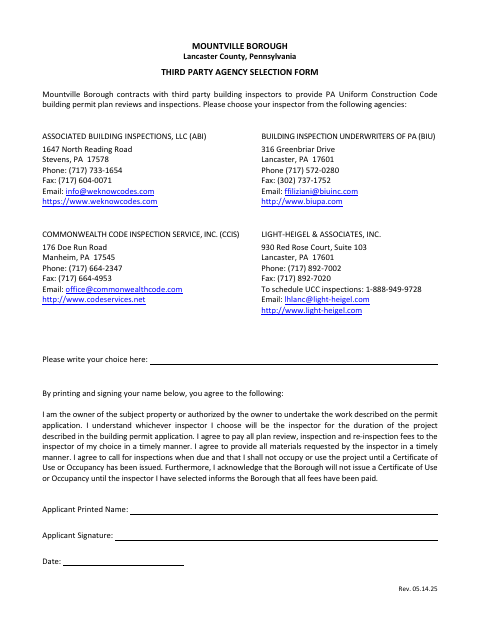 First page of the Third Party Agency Selection Form