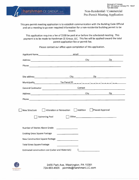 First page of the Commercial Building Pre-Permit Meeting Application