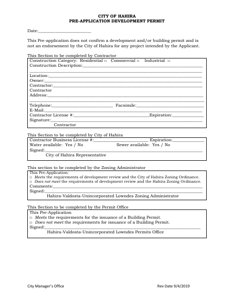 First page of the Pre-Application Development Permit