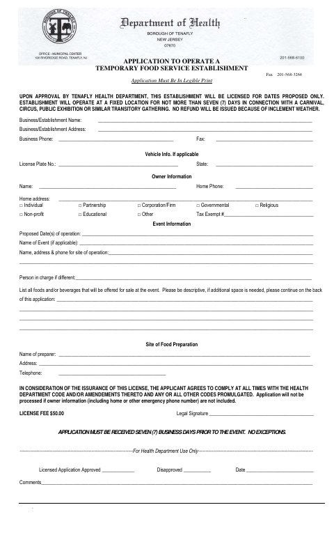 First page of the Application to Operate a Temporary Food Service Establishment