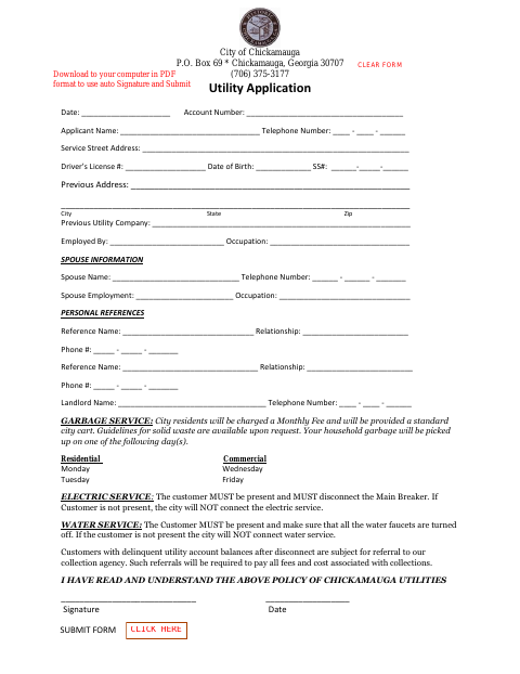 First page of the Utility Application