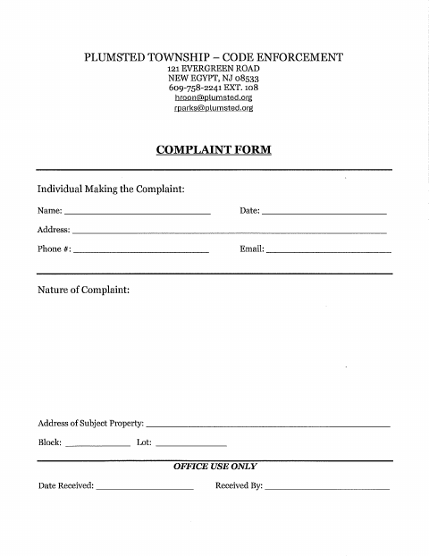 First page of the Code Enforcement Complaint Form