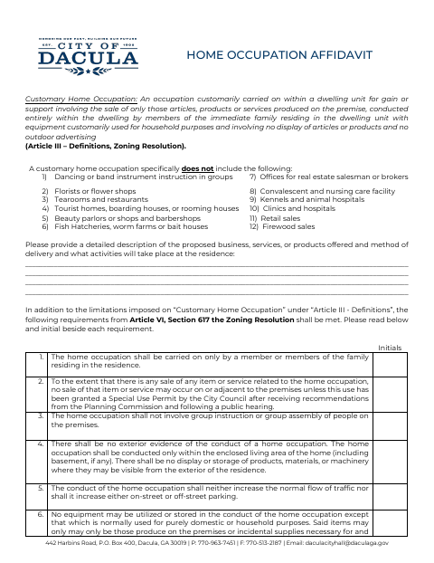 First page of the Home Occupation Affidavit
