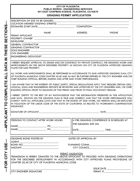 First page of the Grading Permit Application