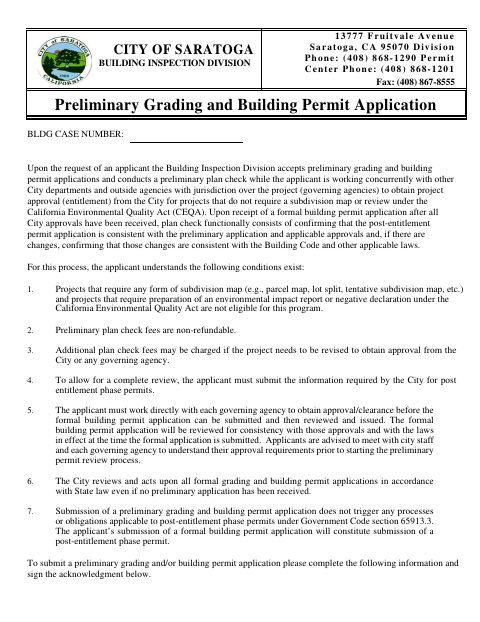 First page of the Preliminary Grading and Building Permit Application