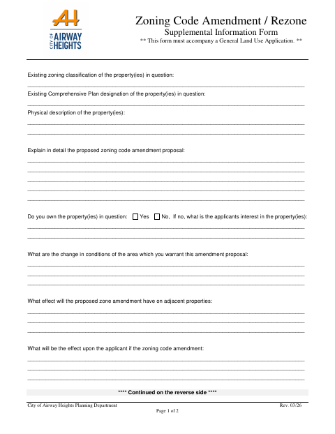 First page of the Zoning Code Amendment / Rezone Supplemental Information Form