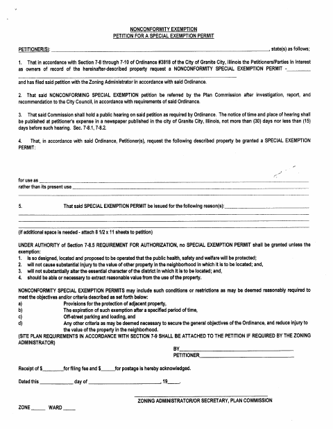 First page of the Nonconformity Special Exemption Petition
