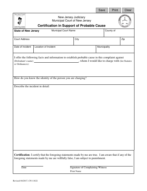 First page of the Certification In Support Of Probable Cause