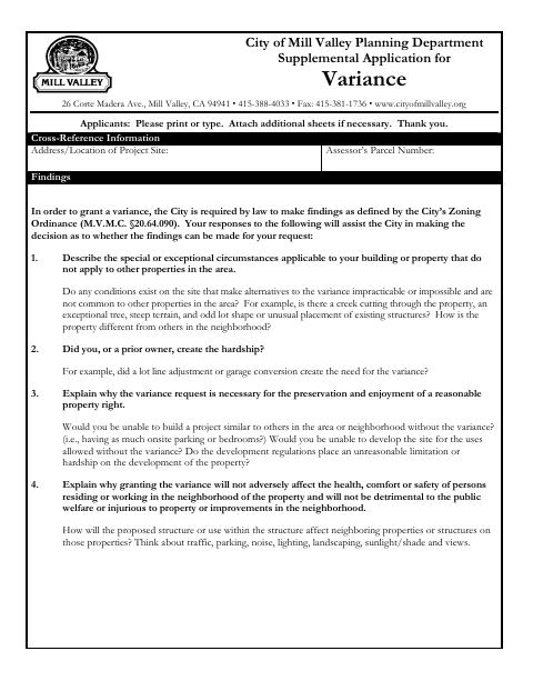 First page of the Supplemental Application for Variance