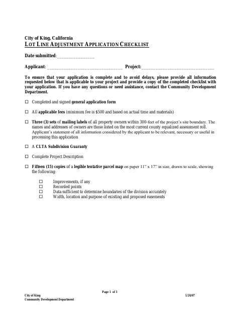 First page of the Lot Line Adjustment Application Checklist