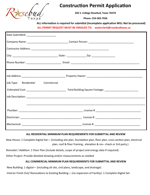 First page of the Construction Permit Application