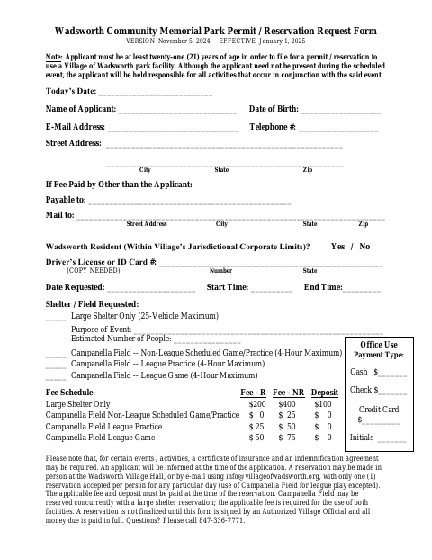 First page of the Park Reservation Request Form