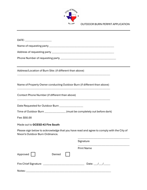 First page of the Outdoor Burn Permit Application