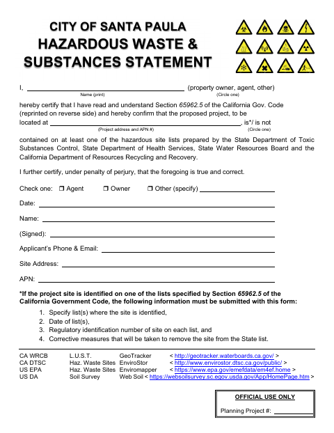 First page of the Hazardous Waste Affidavit