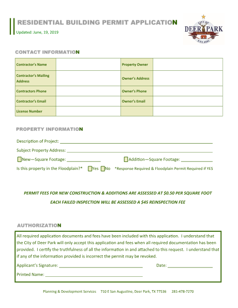 First page of the Residential Building Permit Application