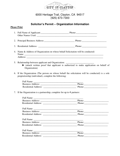 First page of the Solicitor's Permit – Organization Information