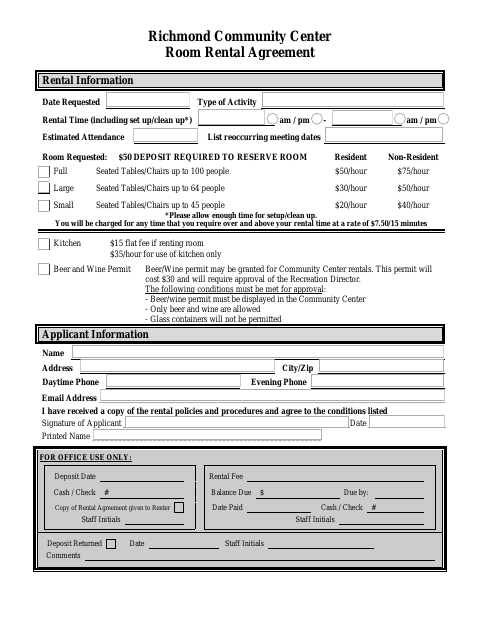 First page of the Community Center Room Rental Agreement