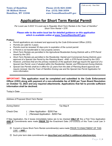 First page of the Application for Short Term Rental Permit