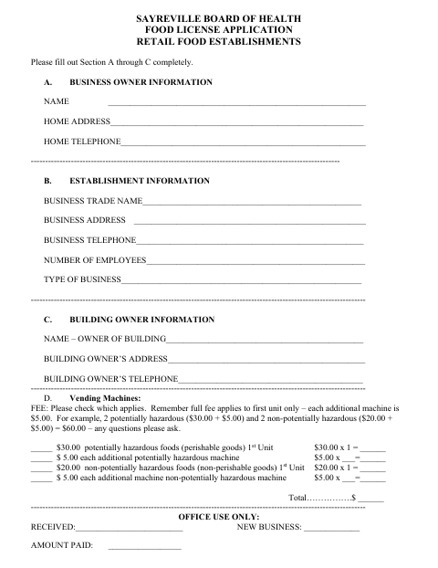 First page of the Food License Application for Retail Food Establishments