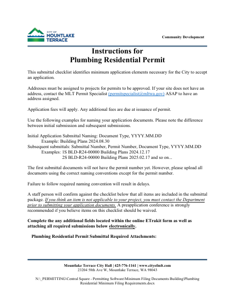 First page of the Plumbing Residential Permit Submittal Checklist