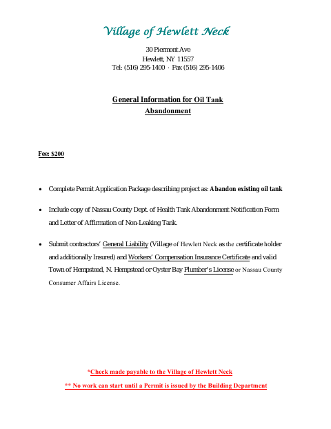 First page of the Oil Tank Abandonment Permit Application