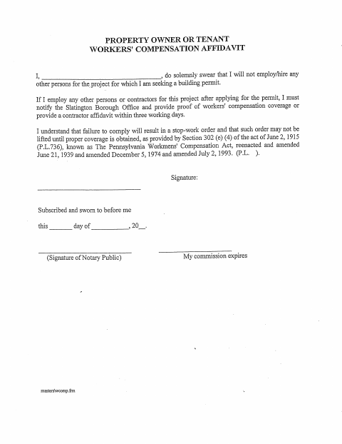 First page of the Property Owner or Tenant Workers' Compensation Affidavit