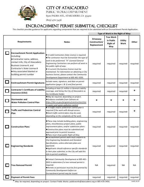 First page of the Encroachment Permit Submittal Checklist and Application