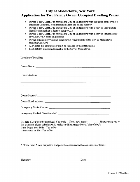 First page of the Application for Two Family Owner Occupied Dwelling Permit