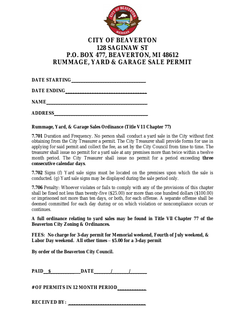 First page of the Rummage, Yard & Garage Sale Permit