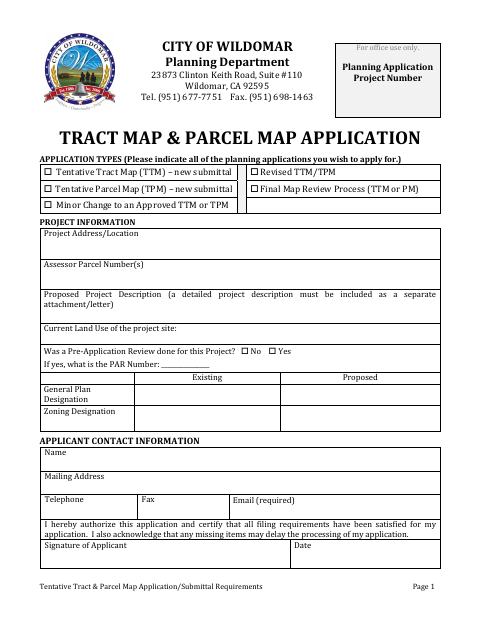 First page of the Tentative Tract & Parcel Map Application