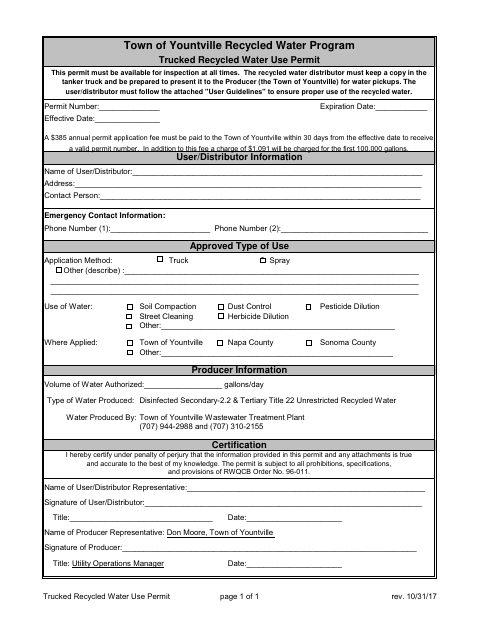 First page of the Trucked Recycled Water Use Permit