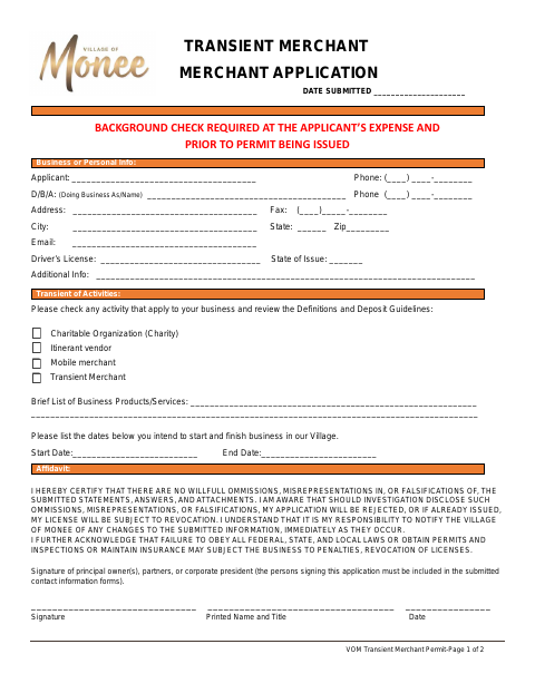 First page of the Transient Merchant Application