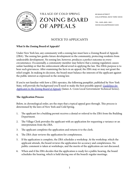 First page of the Zoning Board of Appeals Application