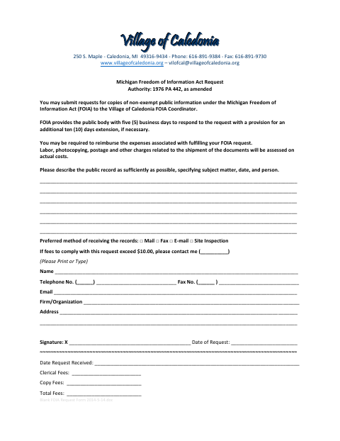 First page of the Michigan Freedom of Information Act Request