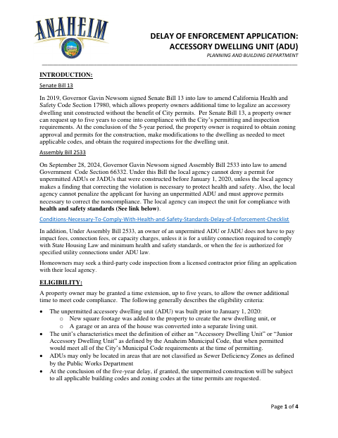 First page of the Delay of Enforcement Application: Accessory Dwelling Unit