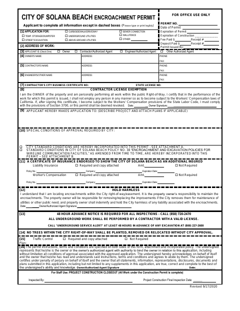 First page of the Encroachment Permit Application