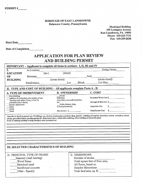 First page of the Plan Review and Building Permit Application