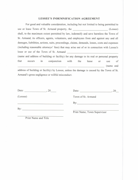 First page of the Lessee’s Indemnification Agreement