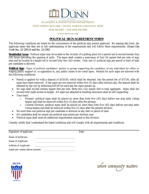 First page of the Political Sign Agreement Form