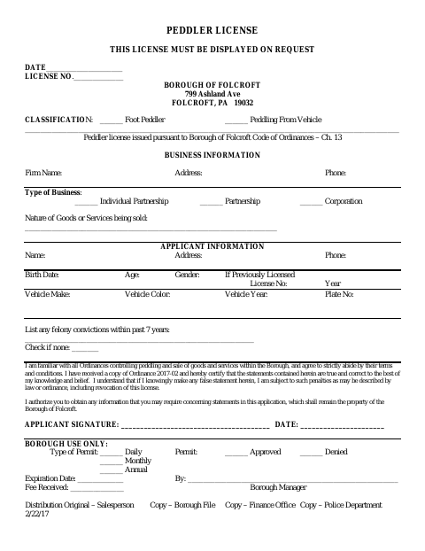 First page of the Peddler License