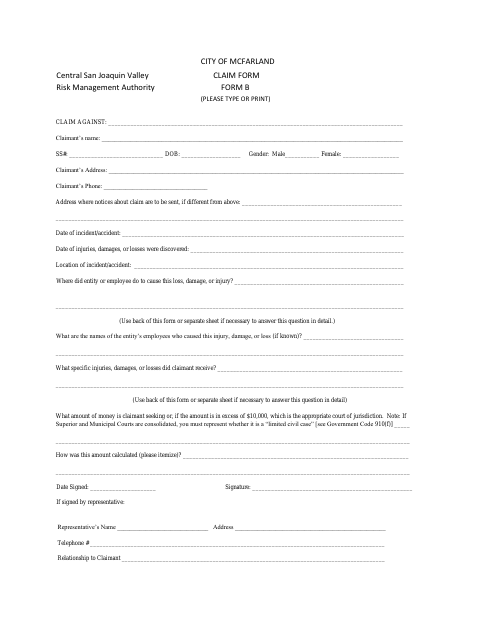 First page of the Claim Form