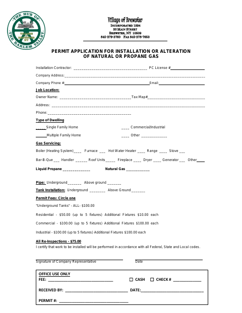 First page of the Permit Application for Installation or Alteration of Natural or Propane Gas