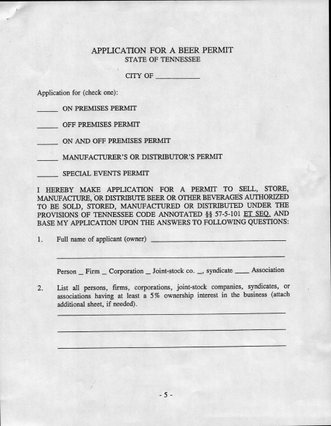 First page of the Application for a Beer Permit