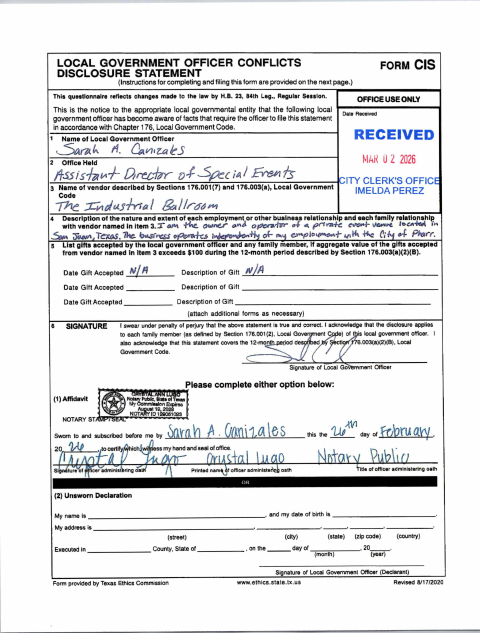 First page of the Local Government Officer Conflicts Disclosure Statement