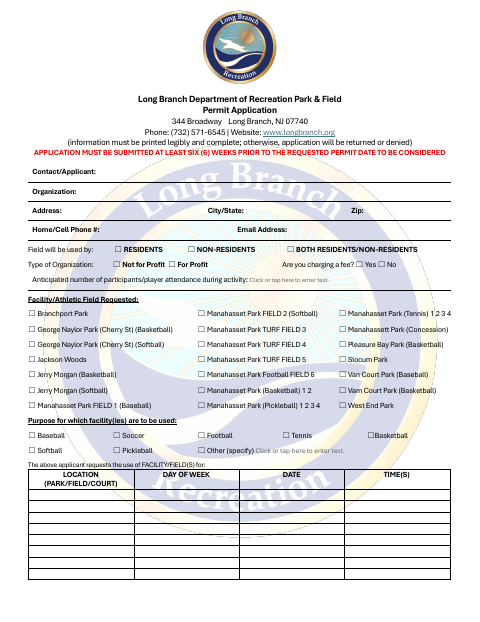 First page of the Park & Field Permit Application