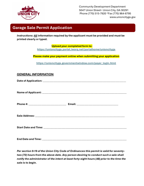 First page of the Garage Sale Permit Application