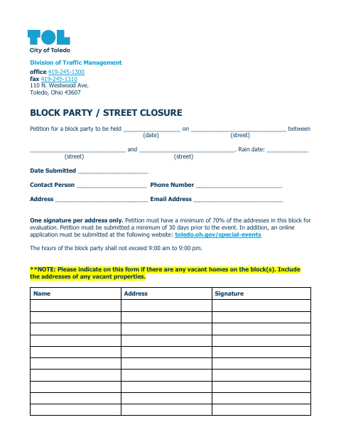 First page of the Block Party / Street Closure Petition