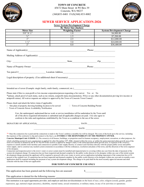 First page of the Sewer Service Application