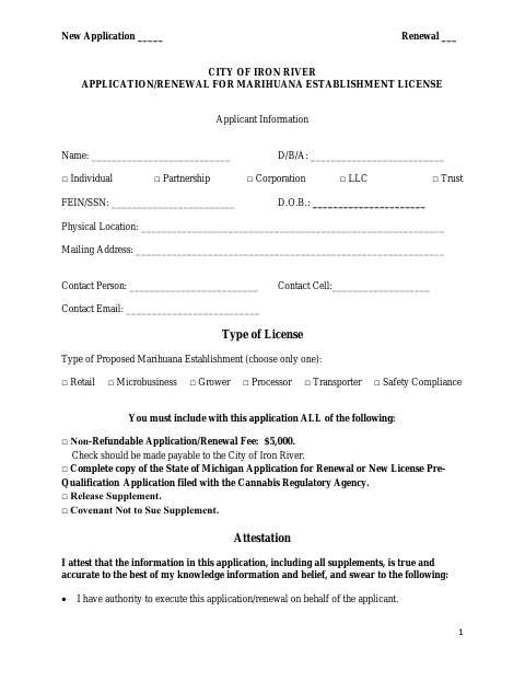 First page of the Marihuana Establishment License Application and Renewal